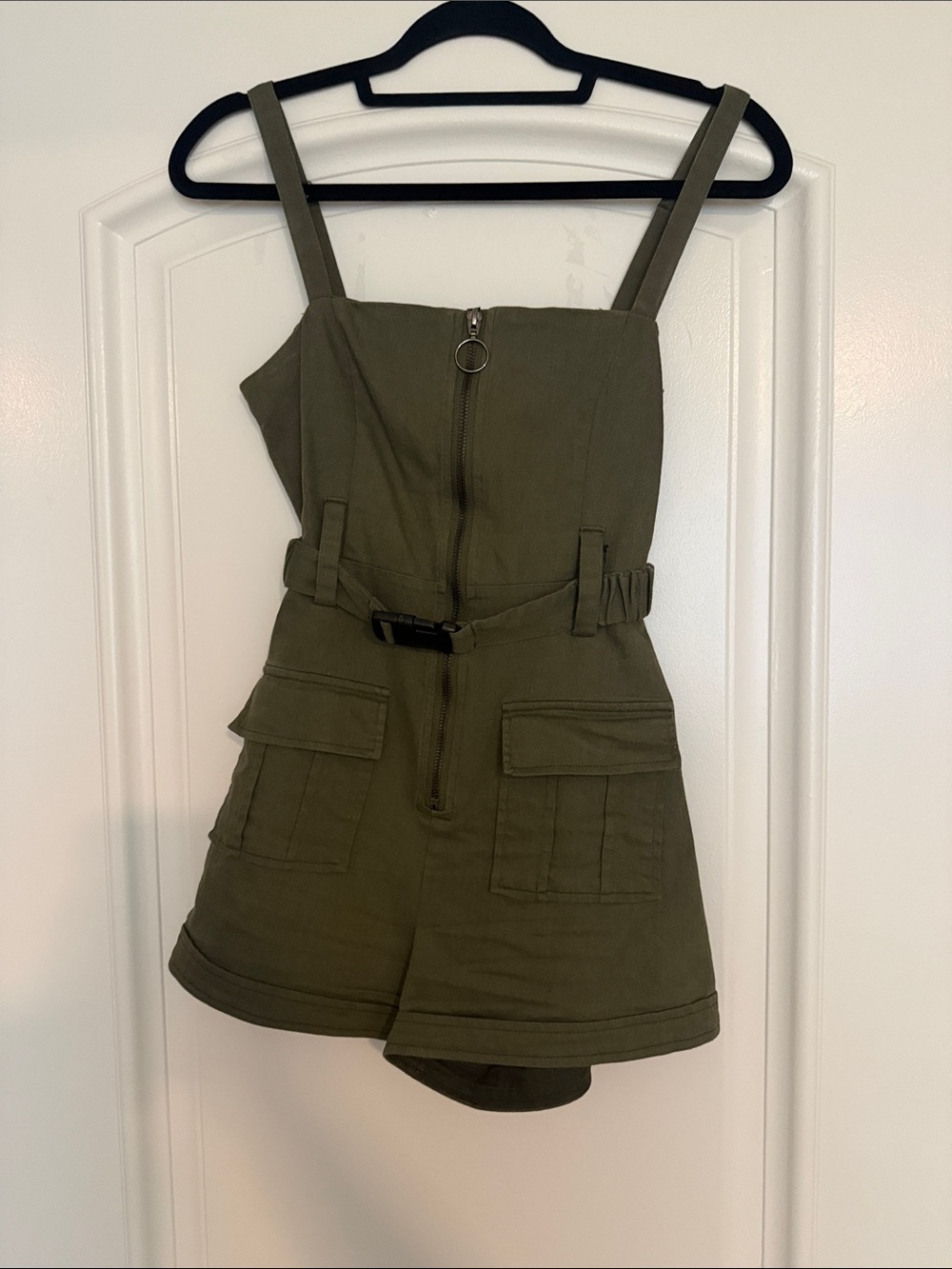 Fashion Nova Olive Green Utility Romper with Belt